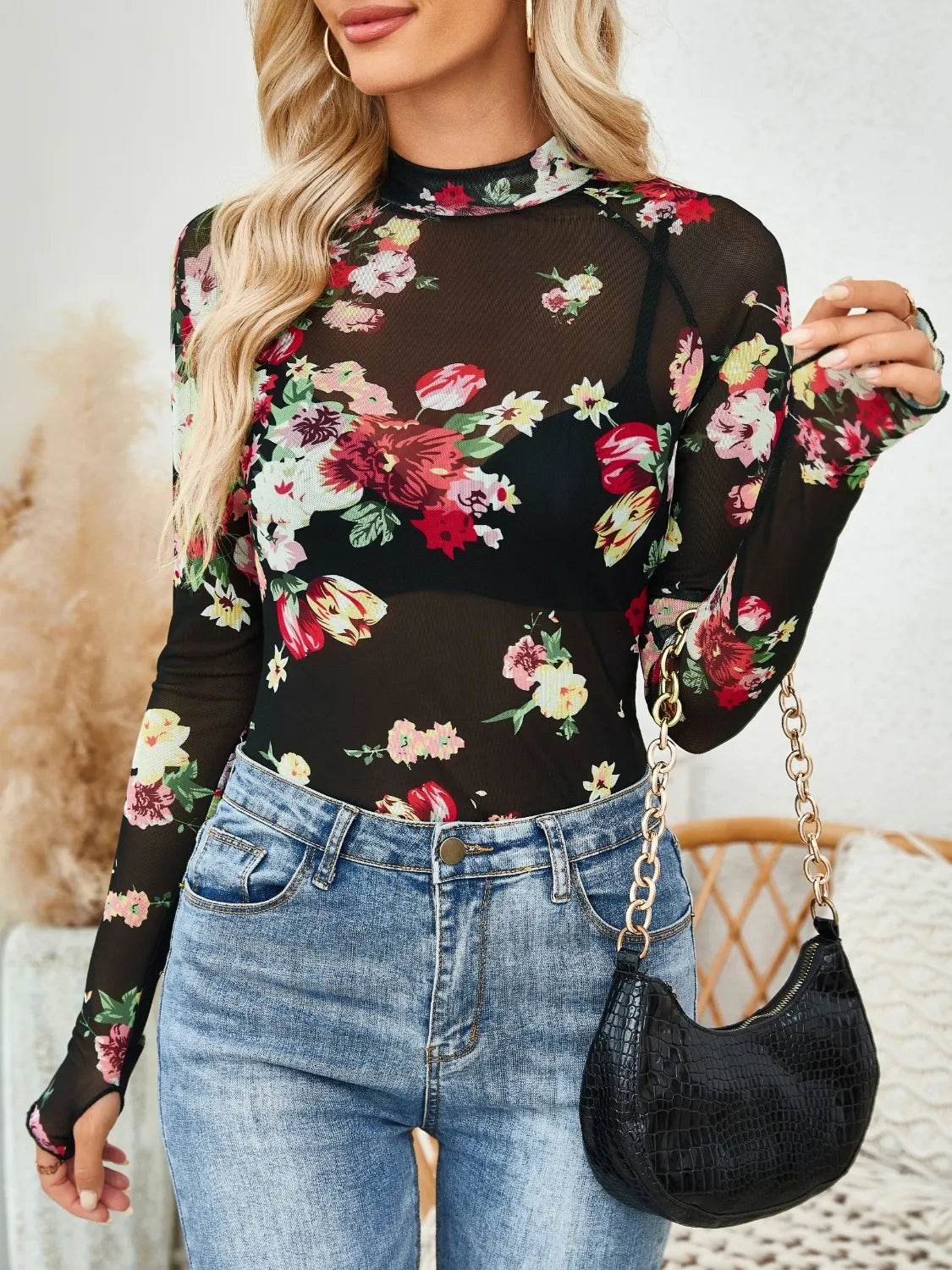 Floral Mock Neck Long Sleeve Top for Women - Slightly Stretchy, Comfortable Polyester Blend - Store 42