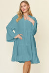 Double Take Full Size Texture Button Up Ruffle Hem Dress Cerulean