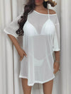 Mesh Boat Neck Half Sleeve Cover Up White