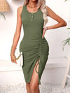 Ruched Drawstring Slit Tank Dress Moss