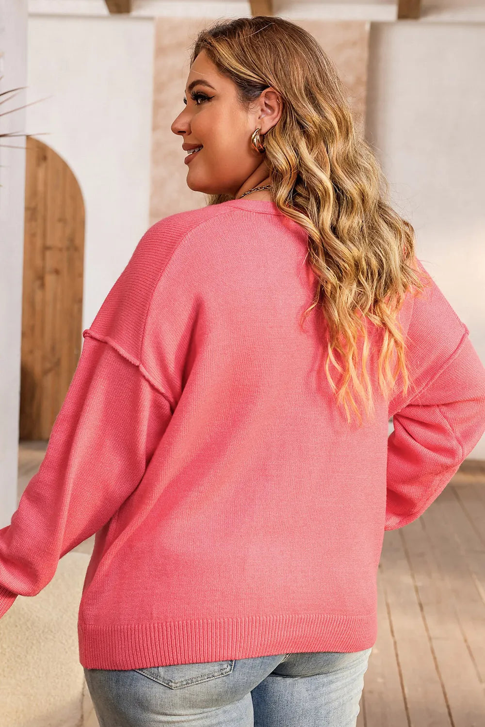 Plus Size V-Neck Sweater with Dropped Shoulders – Slightly Stretchy, Comfortable Fit