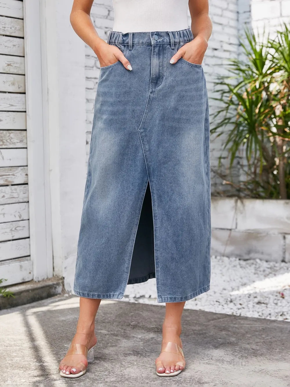 Stylish Slit Midi Denim Skirt with Pockets - 95% Rayon, Non-Stretch, Machine Washable