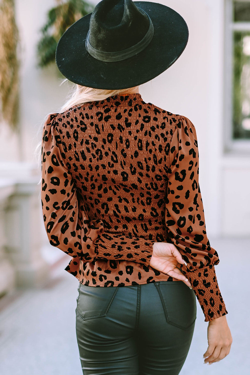 Leopard Print Smocked Peplum Top with Puff Sleeves - Casual Mock Neck Style for Women
