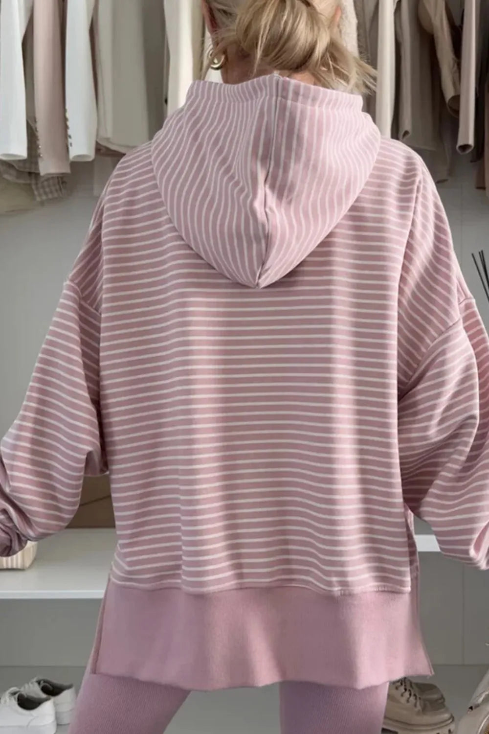 Trendy Side Slit Striped Oversized Hoodie - Comfortable Cotton Blend, Perfect for Casual Wear
