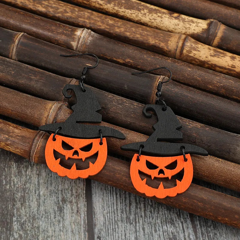 Autumn-Inspired Wooden Pumpkin Shape Earrings with Black Gold-Plated Alloy - Trendy Fall Accessory