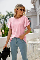 Trendsi Eyelet Flutter Sleeve Semi-Sheer Round Neck Casual Top - 100% Polyester - Store 42