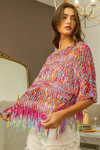 BiBi Openwork Fringed Knit Cover Up Burnt Orange Multi