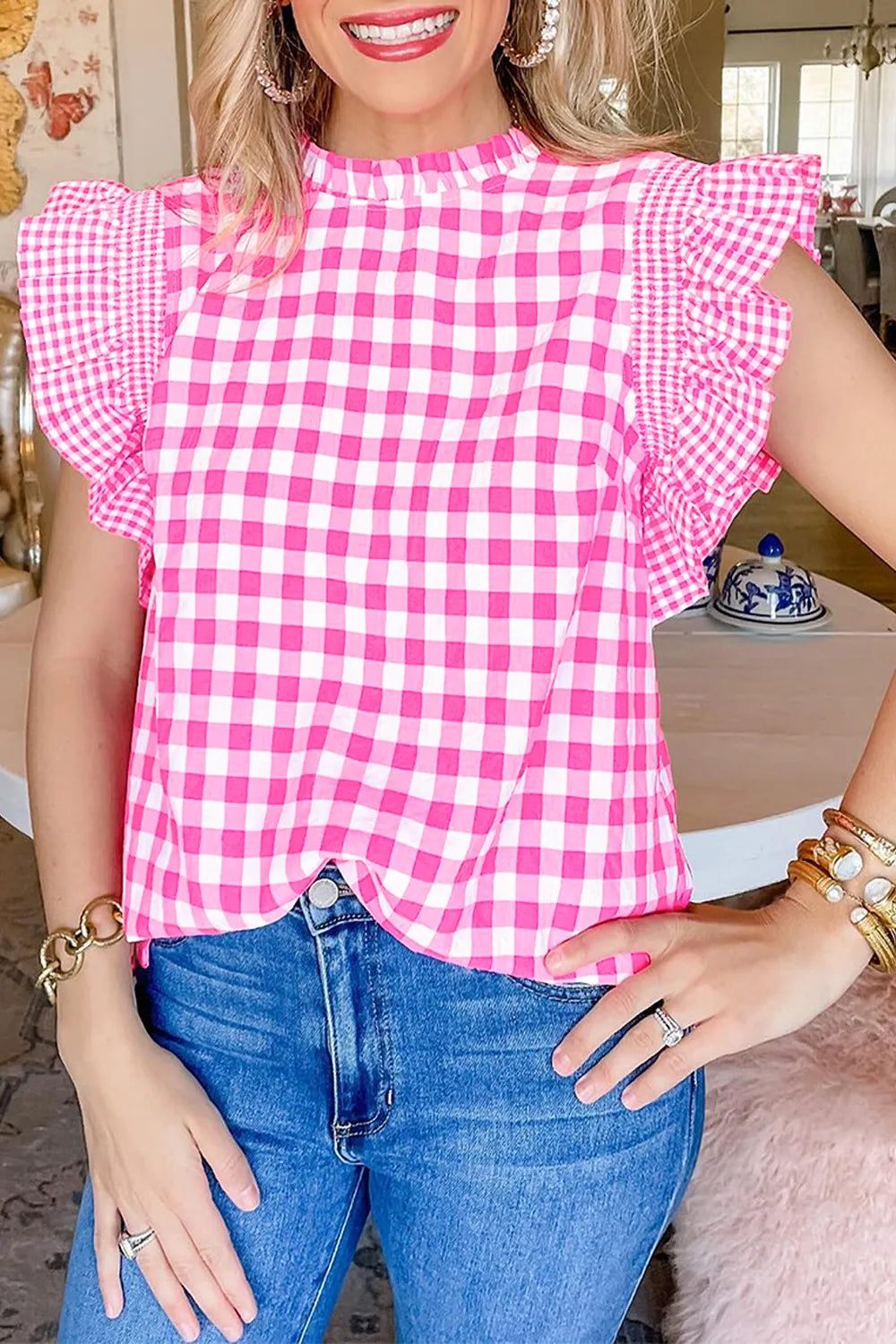 Stylish Checkered Ruffled Sleeve Blouse with Frilled Neck - 100% Cotton, Opaque & Elegant