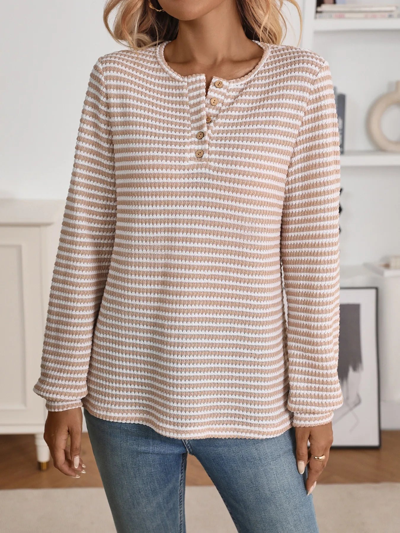 Striped Button Detail Long Sleeve Top
