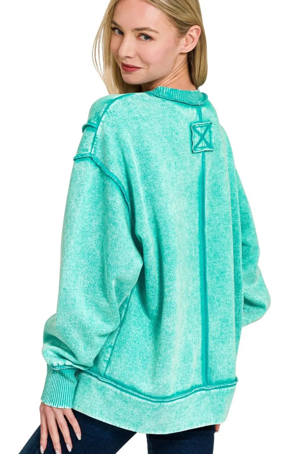 Oversized Turquoise Acid Wash Fleece Sweatshirt with Exposed Seams and Ribbed Details