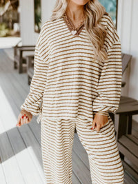 Sleek Stripe Collared Two-Piece Top and Drawstring Pant Set for Effortless Style - Store 42
