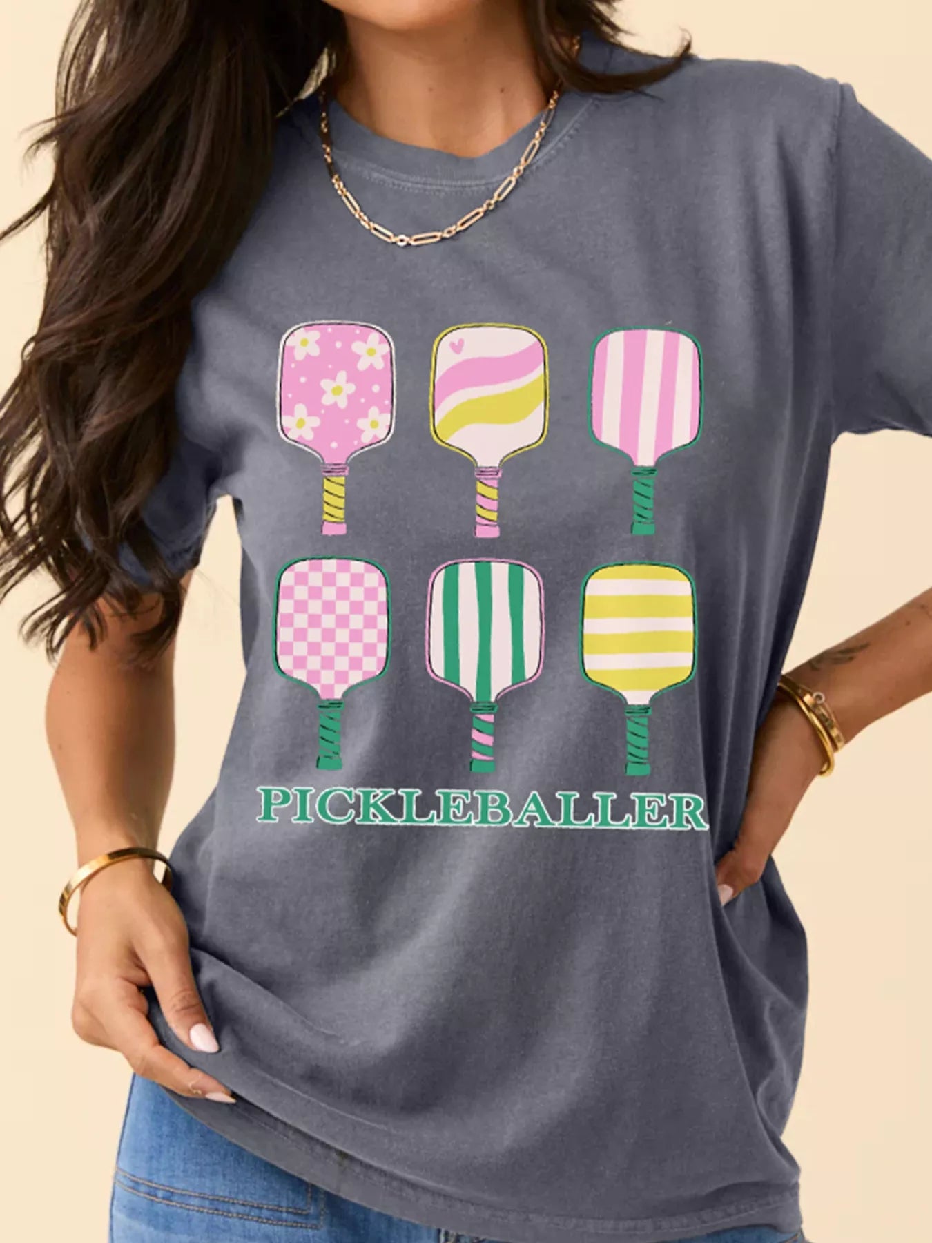 Pickleballer Casual T-Shirt with Playful Bats Print, Slightly Stretchy Polyester-Cotton Blend