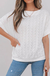 Stylish Eyelet Pattern Boat Neck Tee for Women – Slightly Stretchy, Casual Comfort - Store 42