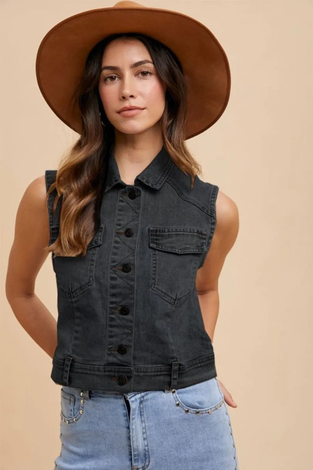Annie Wear Button Down Denim Vest With Collared Neck - Versatile Layering Essential