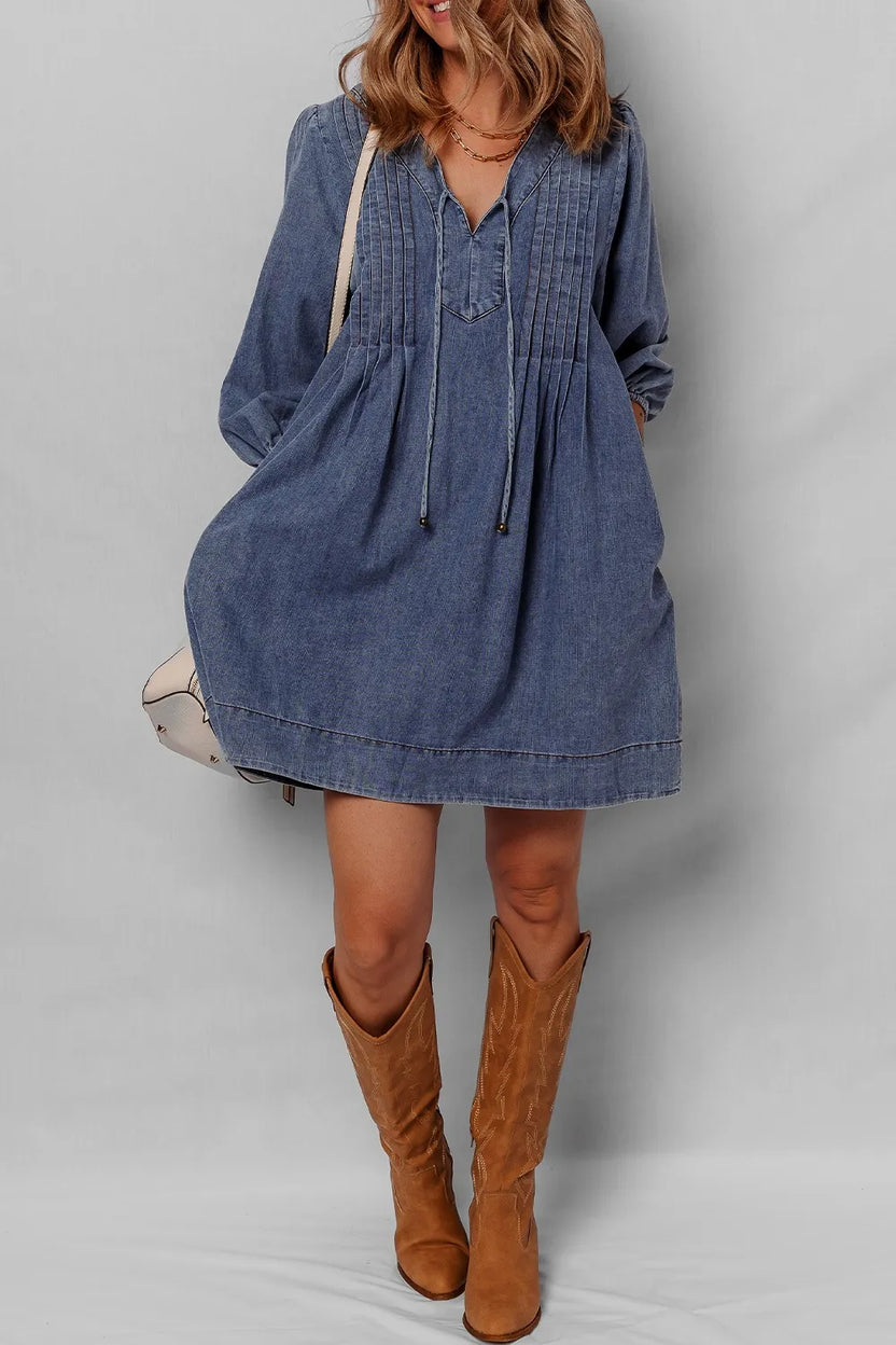 Sleek Tie Neck Long Sleeve Mini Denim Dress - 100% Cotton, Slightly Stretchy, Classic Style