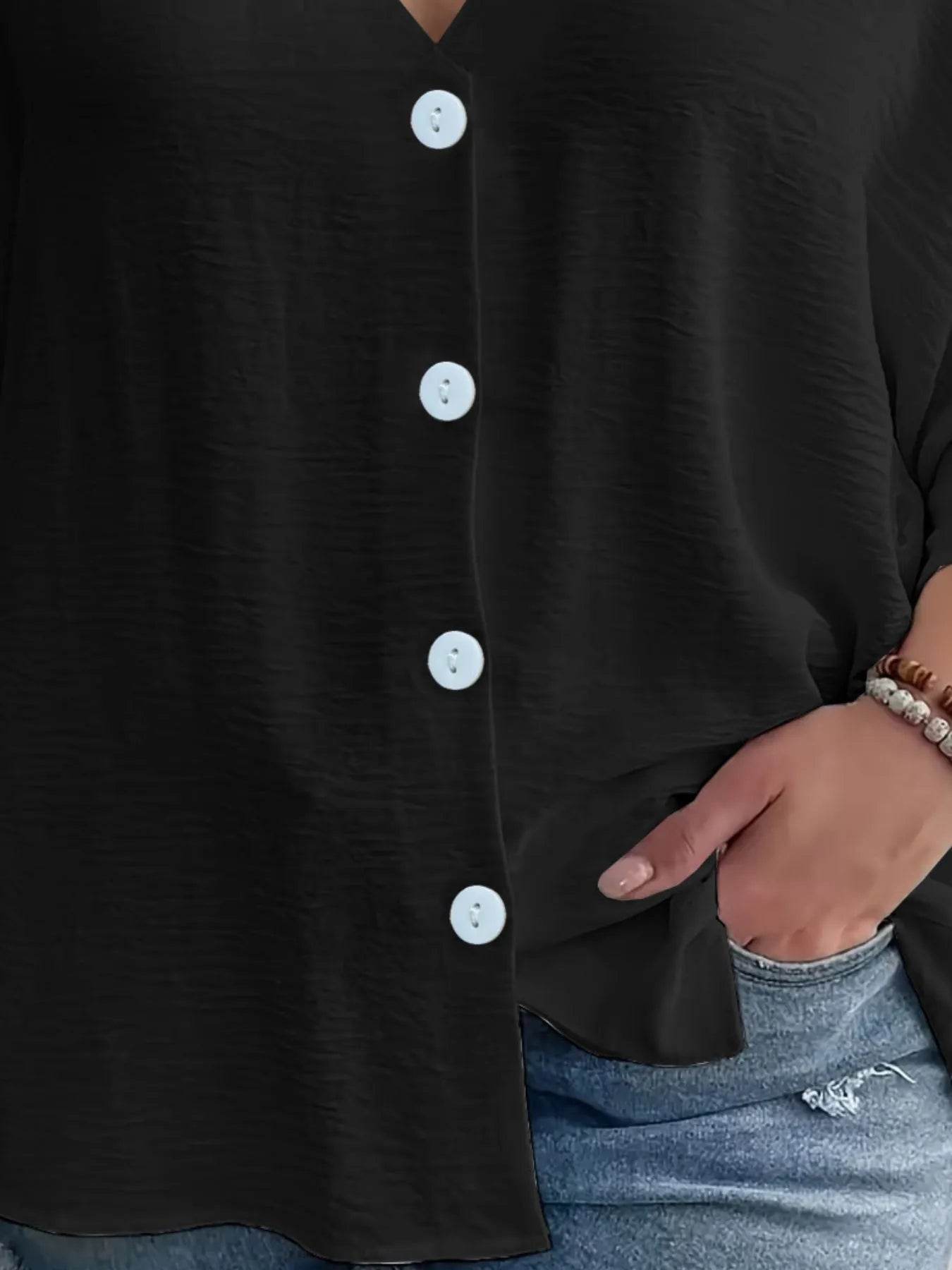 Full Size Casual V-Neck Button Down Relaxed Fit Blouse Plus Size - Store 42