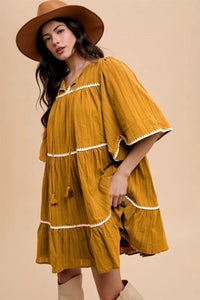 Annie Wear Tassel Contrast Trim Tie Neck Half Sleeve Tiered Dress Mustard