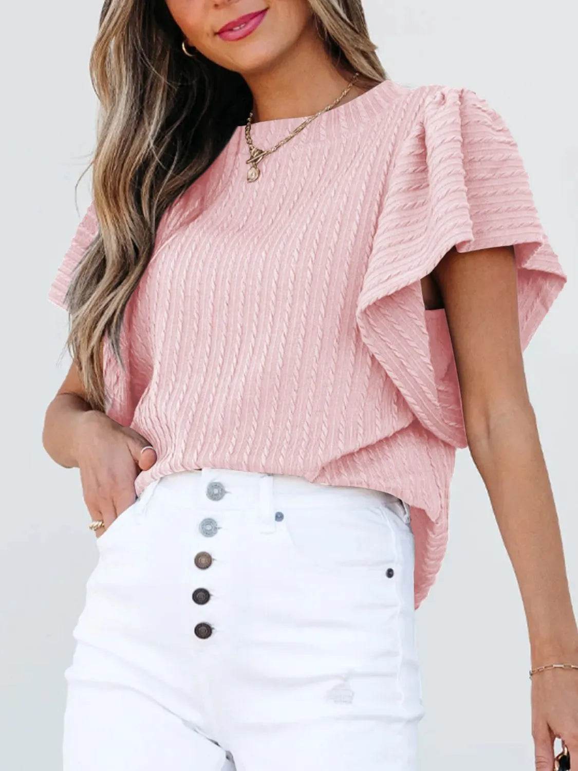 Stylish Round Neck Ruffle Sleeve Top - Slightly Stretchy, 65% Viscose & 35% Polyester, Machine Washable