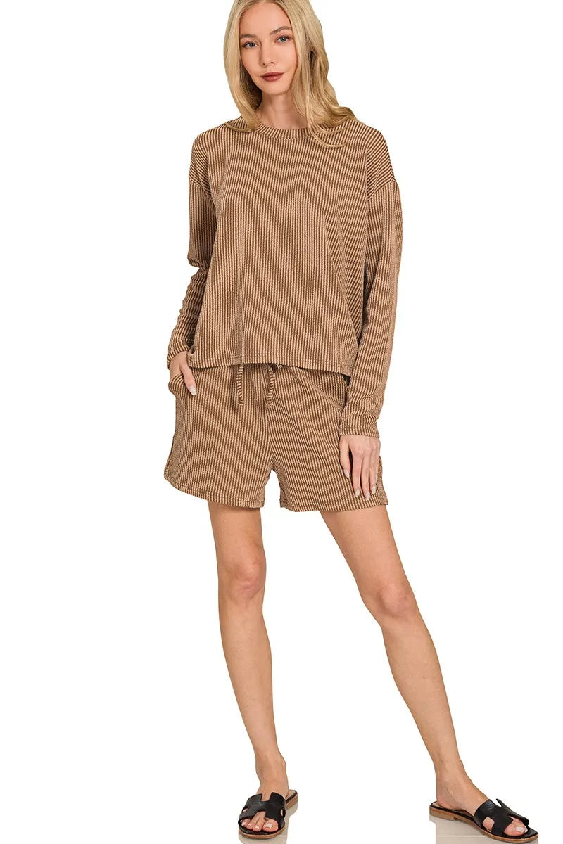 Zenana Ribbed Long Sleeve Tee and Drawstring Shorts Set - Casual Two-Piece Outfit