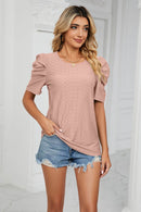 Trendsi Eyelet Puff Sleeve Blouse - Casual Round Neck Top for Every Occasion - Store 42