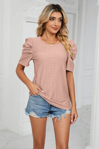 Trendsi Eyelet Puff Sleeve Blouse - Casual Round Neck Top for Every Occasion - Store 42