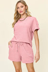 Double Take Full Size Texture Short Sleeve T-Shirt and Drawstring Shorts Set Dusty Pink