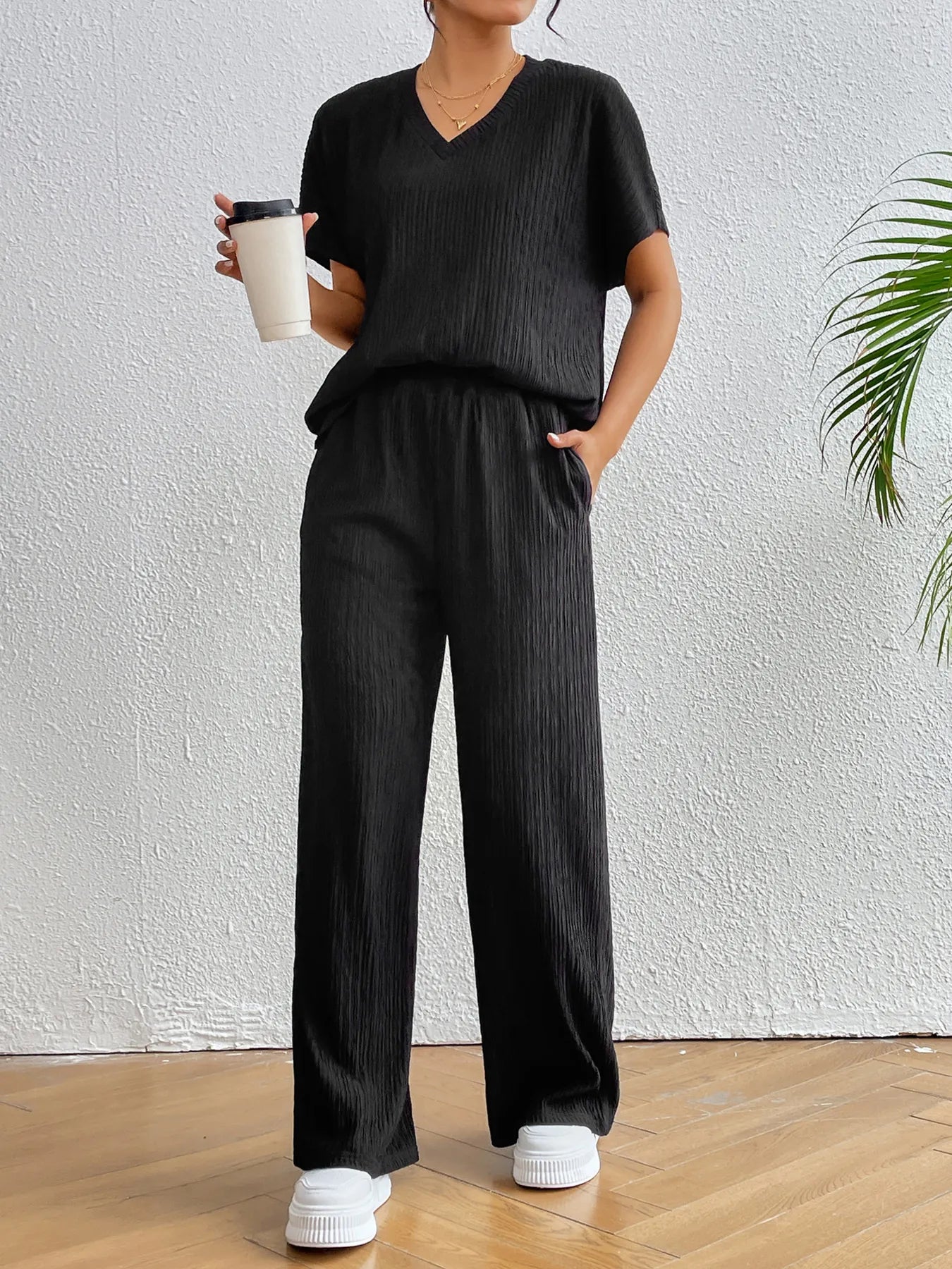 Trendy V-Neck Ribbed Two-Piece Set with Pocketed Pants and Slit Detail - 100% Polyester