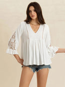 V-Neck Lace Flounce Sleeve Top