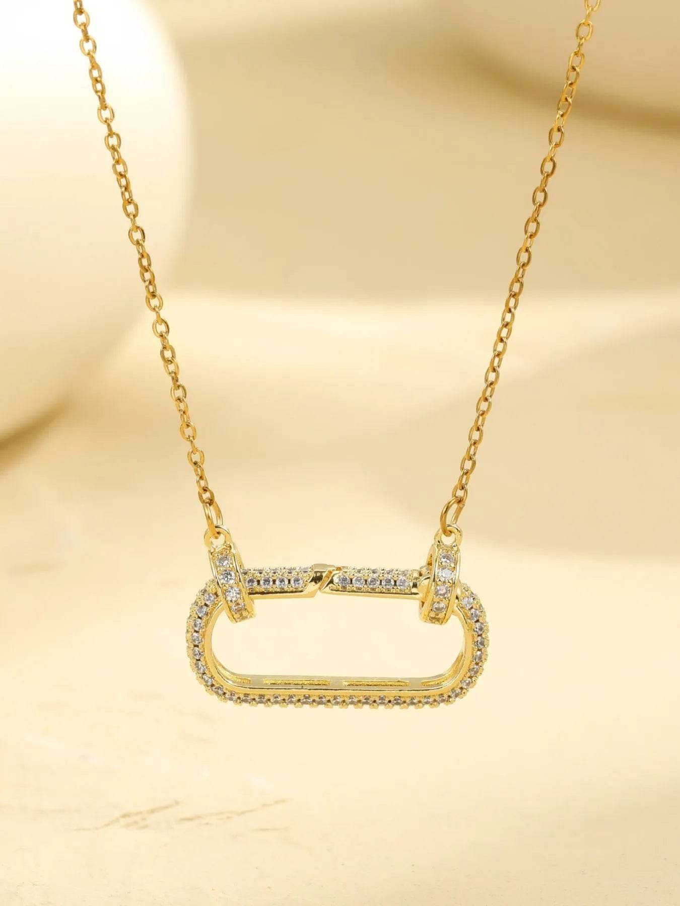 18K Gold-Plated Stainless Steel Rectangle Pendant Necklace with Zircon Accents