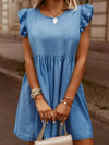 Full Size Ruffled Round Neck Cap Sleeve Denim Dress Medium