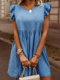 Full Size Ruffled Round Neck Cap Sleeve Denim Dress Medium