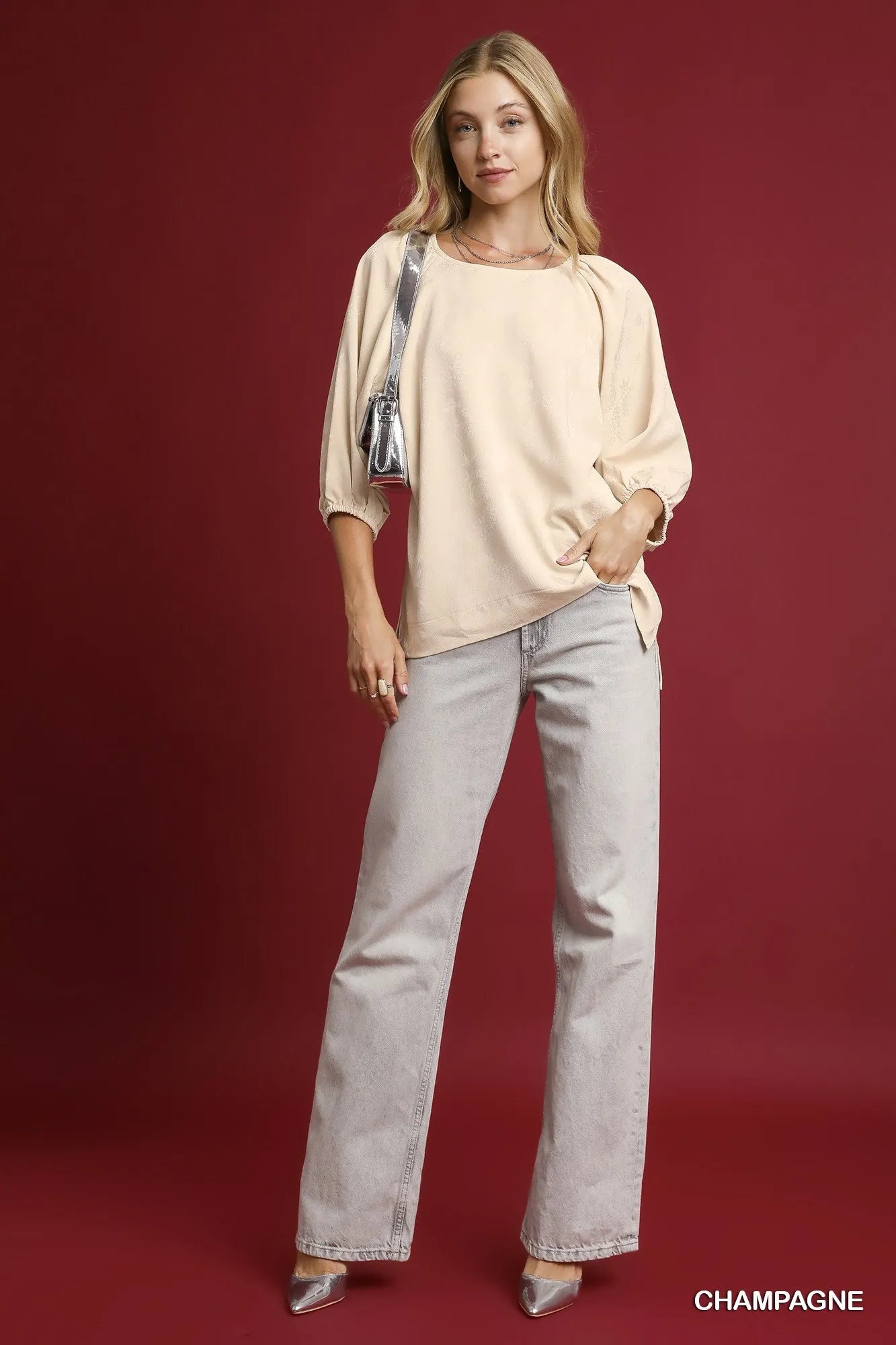 Champagne Balloon Sleeve Blouse with Puff Sleeves - Soft, Relaxed Fit for Everyday Style