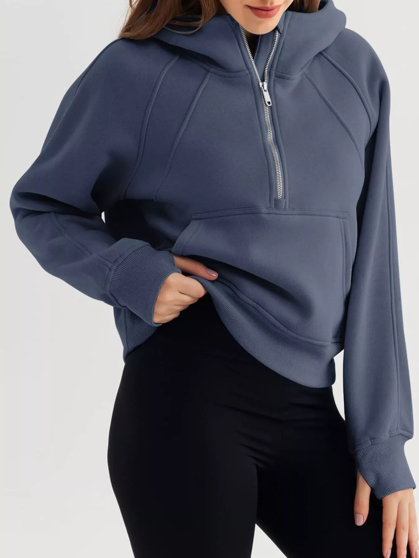 Trendy Half Zip Raglan Sleeve Hoodie with Pockets - 65% Rayon Stretch Fabric