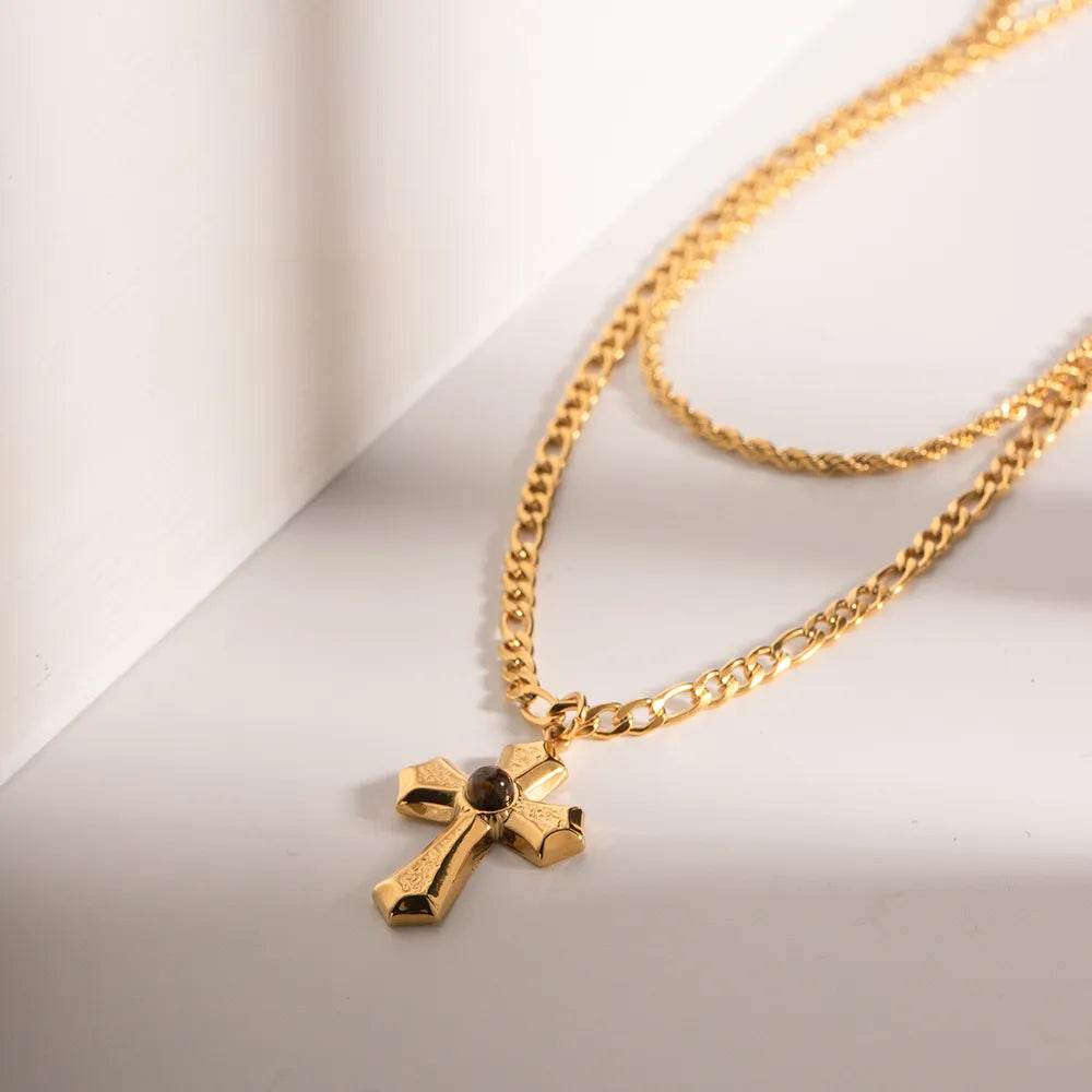 18K Gold-Plated Double Layered Cross Necklace - Elegant Stainless Steel Jewelry