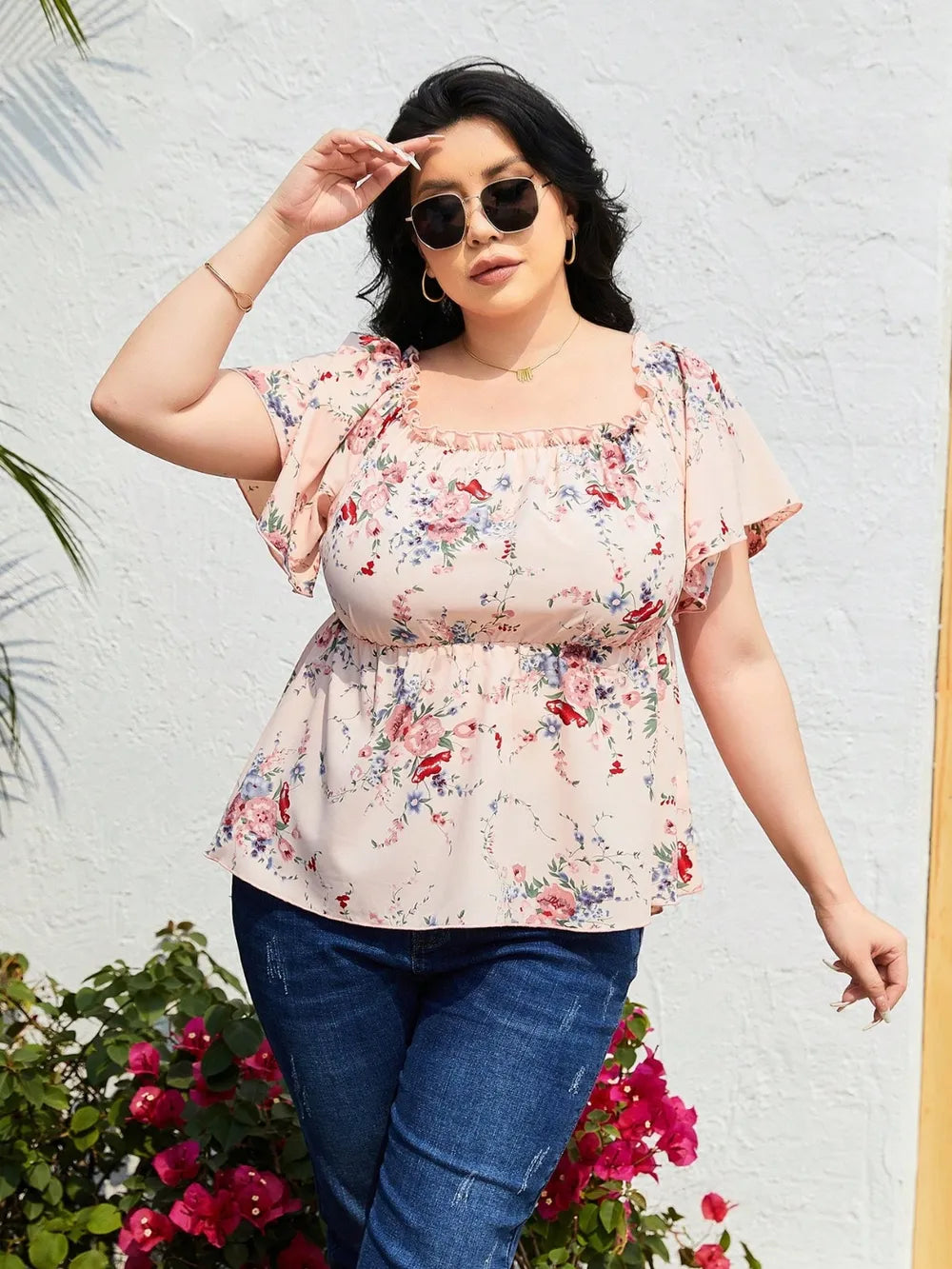 Stylish Plus Size Frill Printed Flutter Sleeve Blouse - Opaque, Slightly Stretchy, Polyester