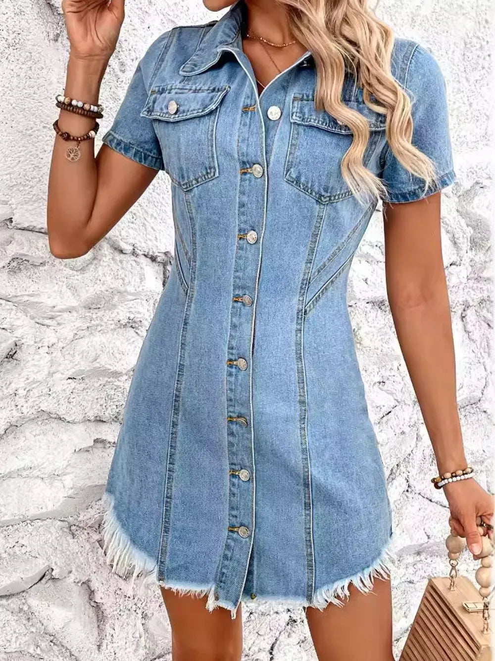 Raw Hem Short Sleeve Button Up Denim Dress with Pockets and Fringe Detail