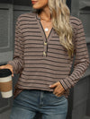 Striped Henley T-Shirt with Button Detail Taupe