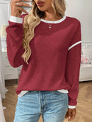 Slightly Stretchy Ribbed Long Sleeve Top with Contrast Trim - Elegant Basic Style - Store 42