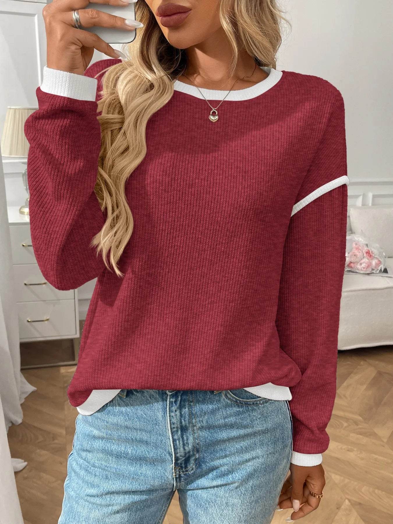 Slightly Stretchy Ribbed Long Sleeve Top with Contrast Trim - Elegant Basic Style - Store 42