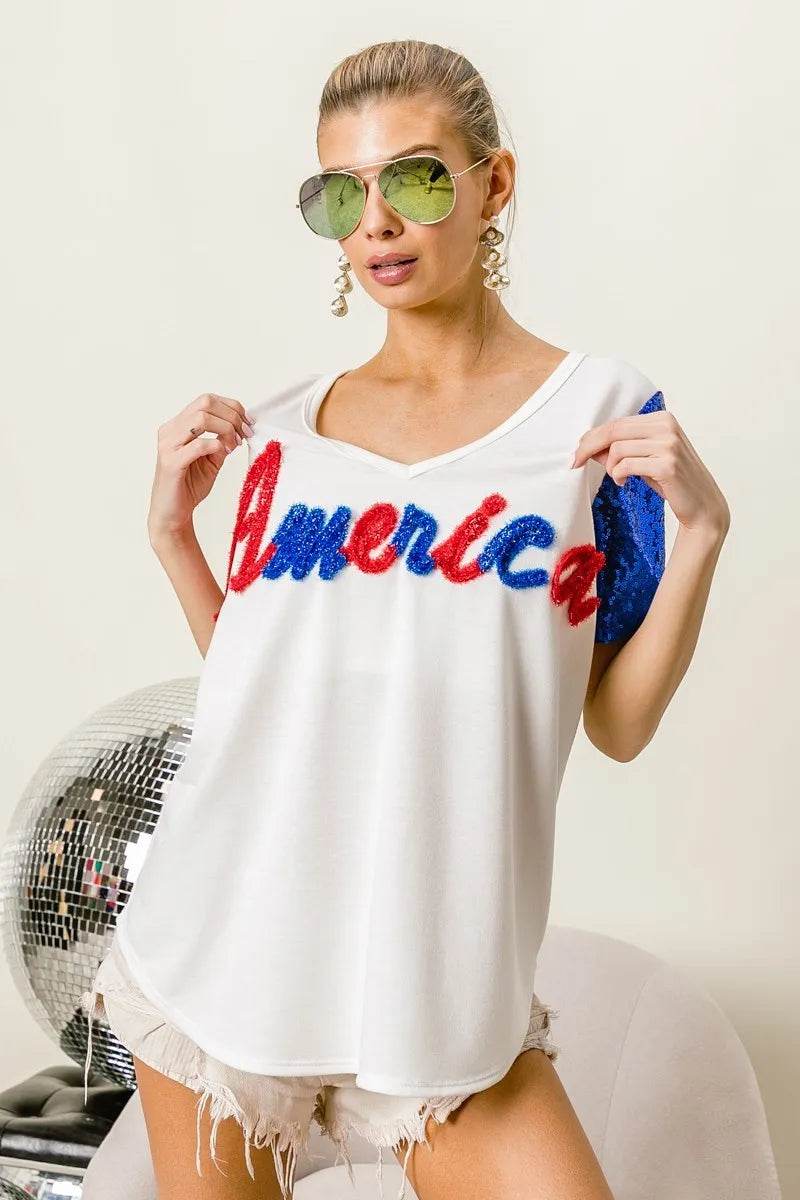 Chic Metallic Letter V-Neck Top with Sequin Sleeves for Glamorous Looks - Store 42