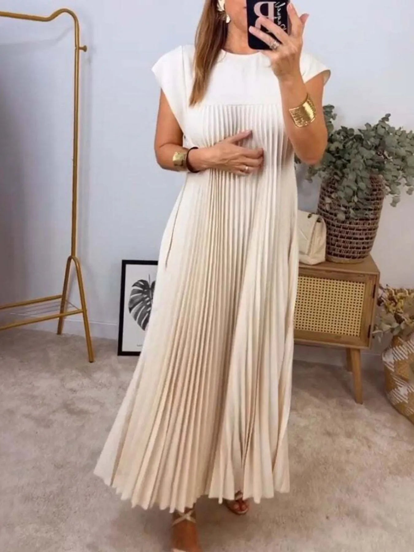 Plus Size Full Length Pleated Round Neck Maxi Dress with Pockets - Trendy Comfort
