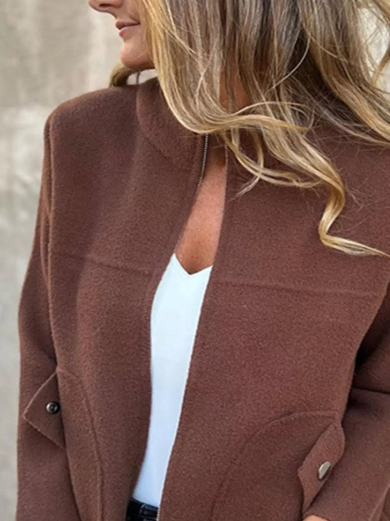 Plus Size Zip-Up Long Sleeve Outerwear with Pockets - Comfortable & Stylish Polyester Blend