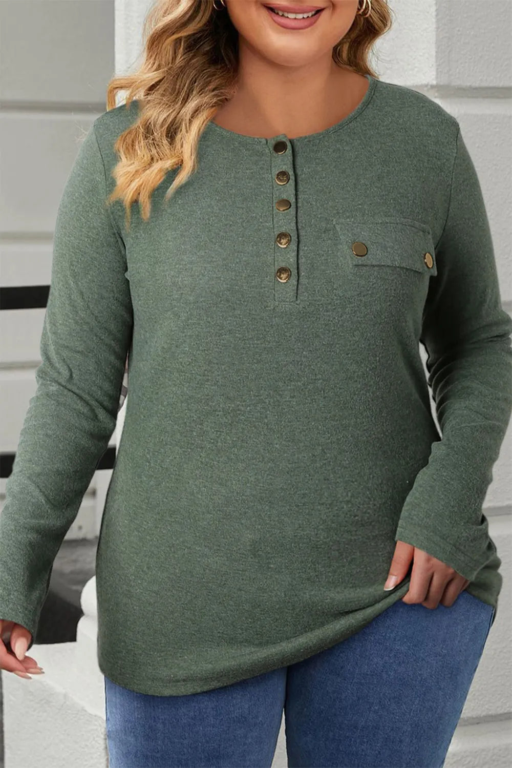 Plus Size 1X-3X Half Snap Long Sleeve T-Shirt - Slightly Stretchy, Opaque, Casual Style