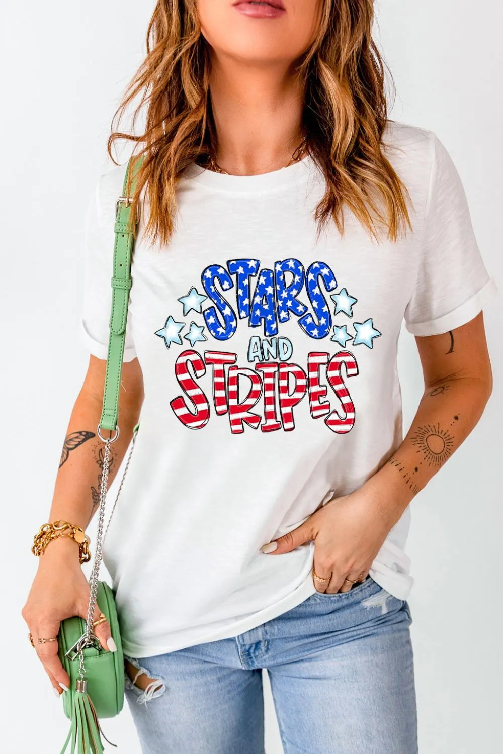 Stars and Stripes Round Neck Short Sleeve T Shirt