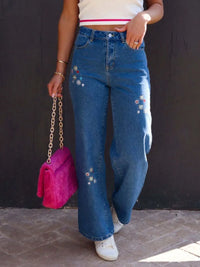 Embroidered Straight Jeans with Pockets Navy