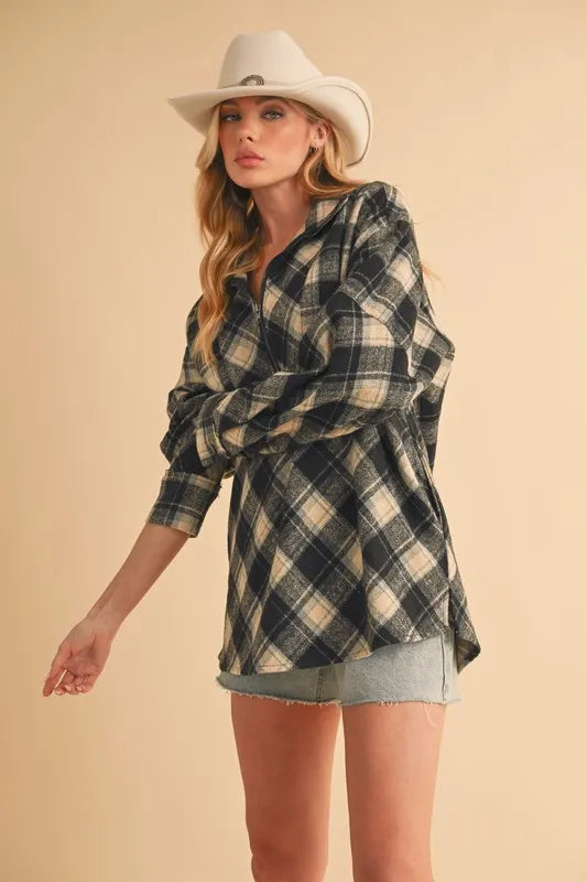 Trendy Aemi + Co Slit Plaid Half Zip Drop Shoulder Top - Relaxed Fit for Casual Chic Style