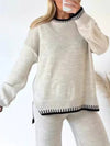 Contrast Trim Round Neck Top and Pants Sweater Set Off-white