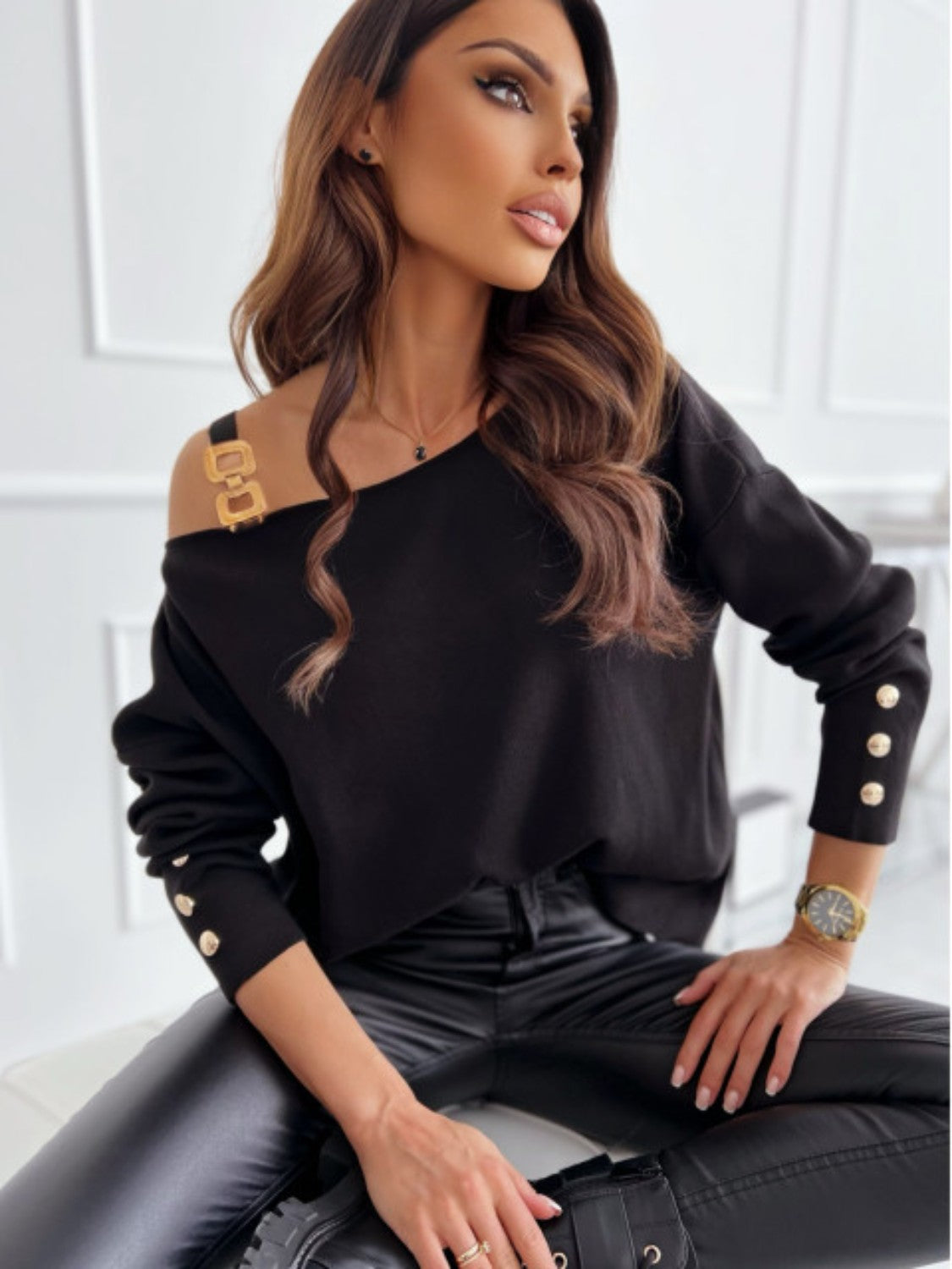 Trendy Asymmetrical Neck Buttoned Top - Opaque, Slightly Stretchy, 100% Polyester