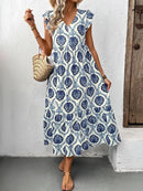 Printed V-Neck Cap Sleeve Dress