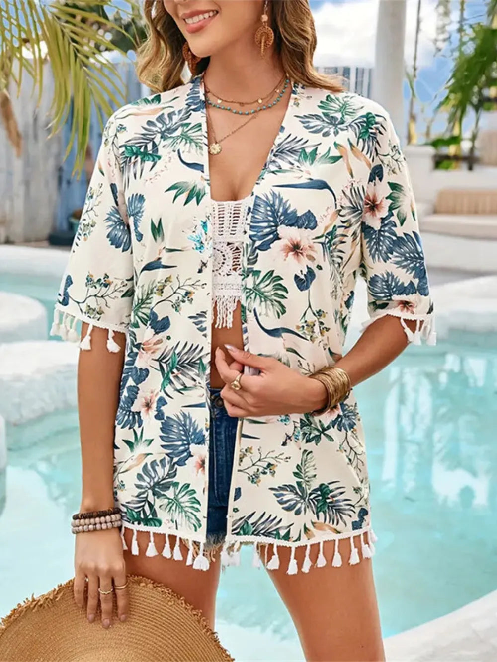 Women's Tassel Printed Open Front Half Sleeve Cover-Up - Sheer Opaque 100% Polyester